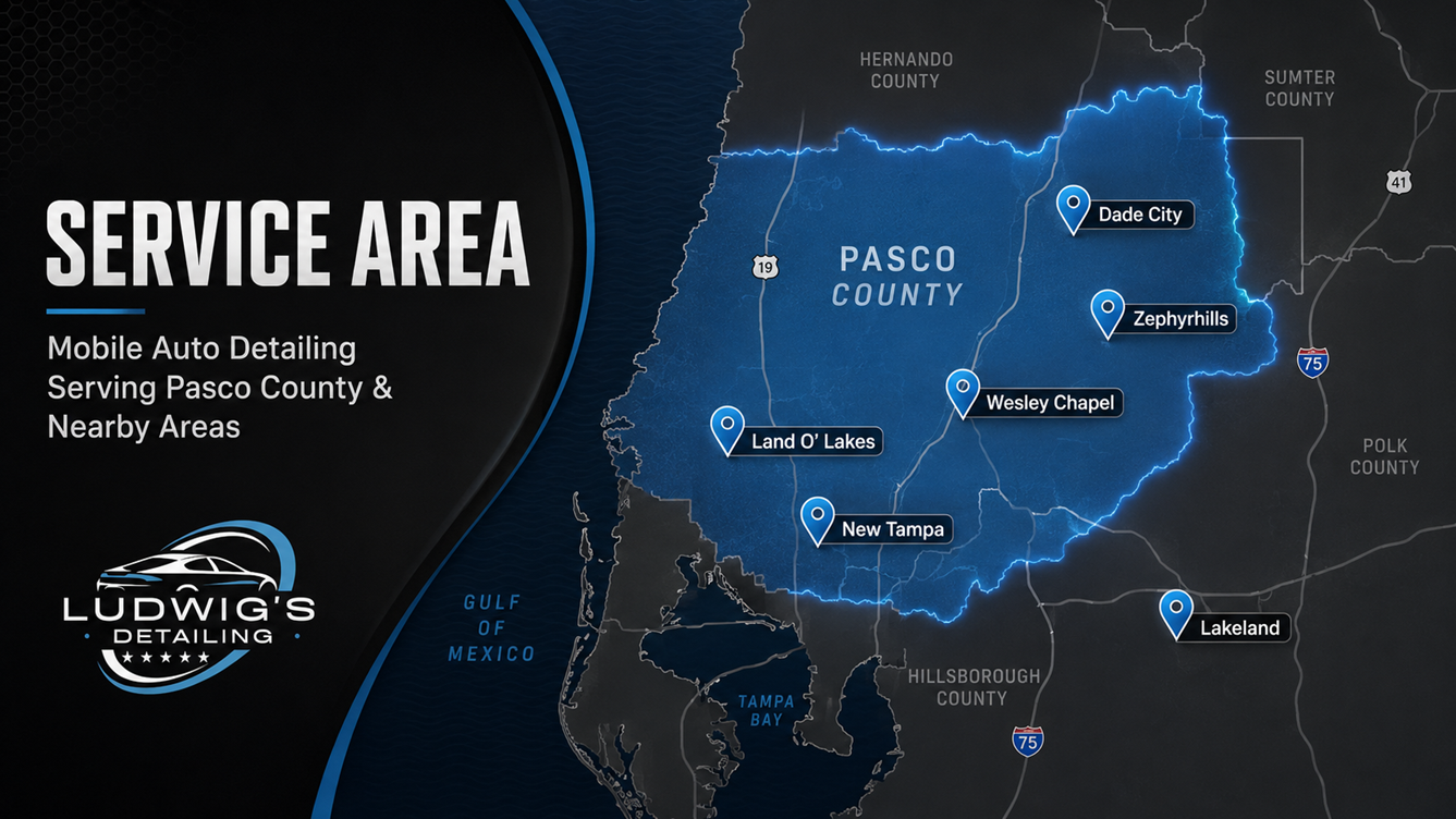 Ludwig's Detailing mobile auto detailing service area map — Pasco County Wesley Chapel Zephyrhills Dade City Land O Lakes New Tampa FL