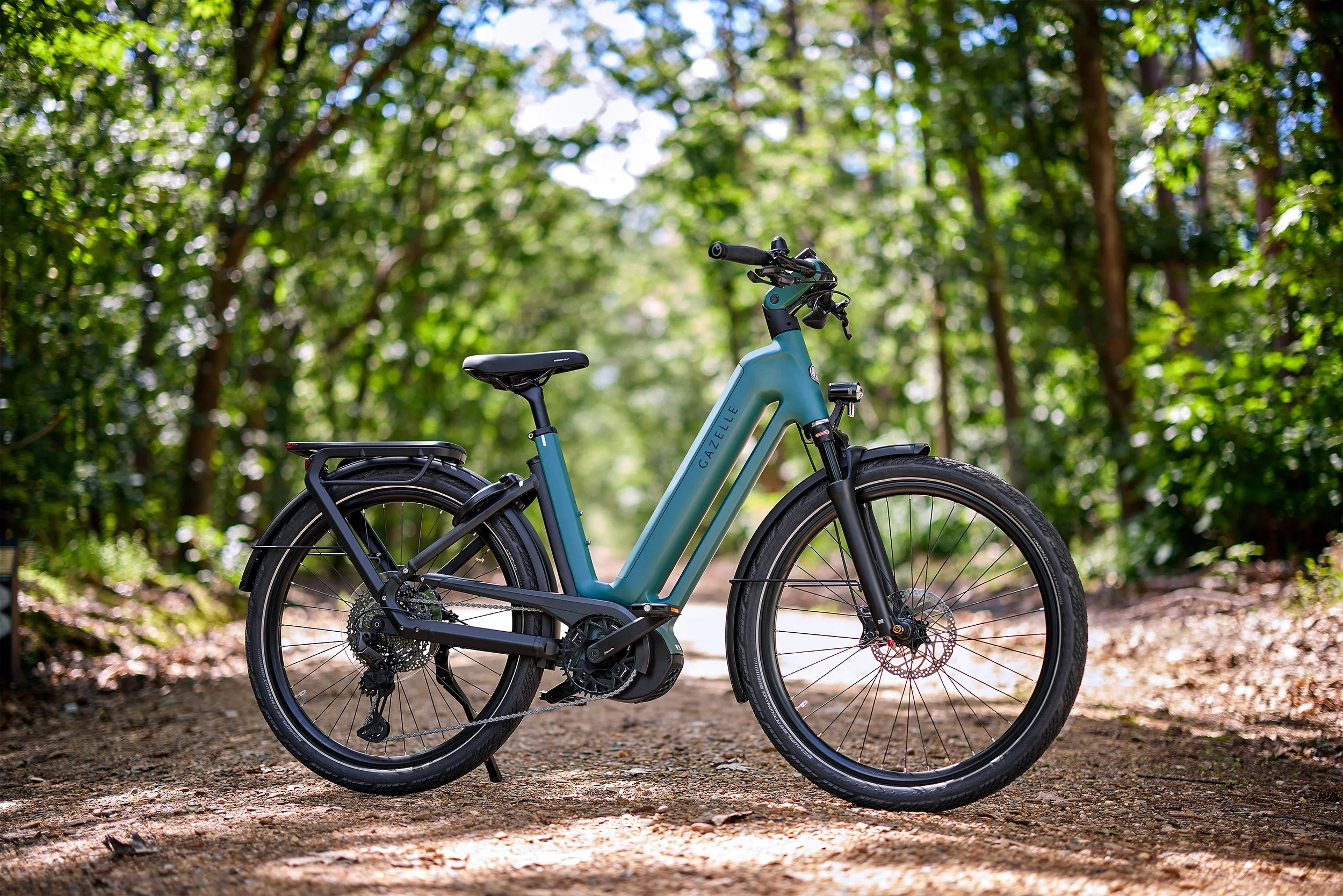 A teal-colored electric bicycle parked on a dirt path surrounded by green trees in a forest.