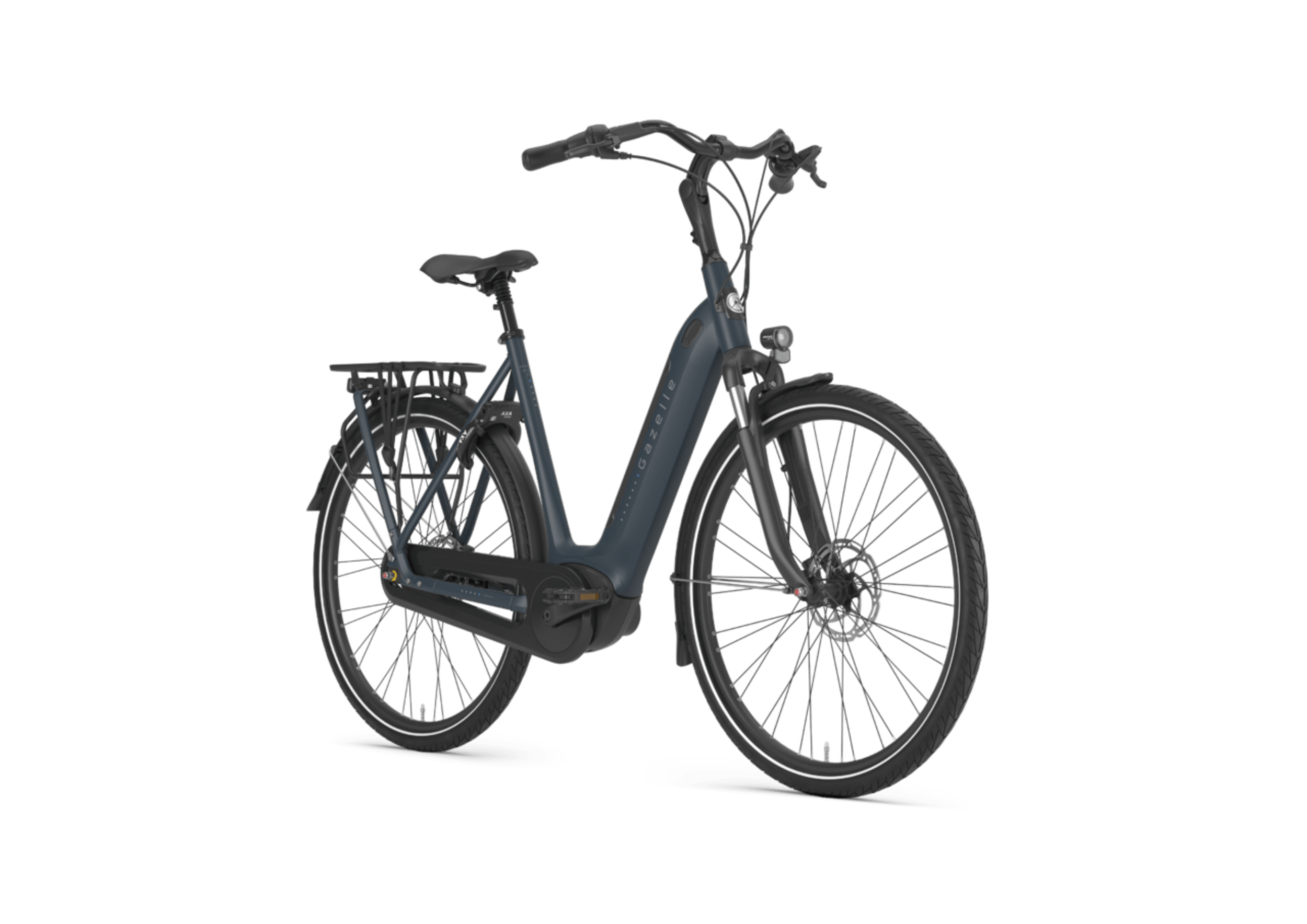 Electric bicycle with a dark frame, front suspension, and two large tires, shown against a transparent background.