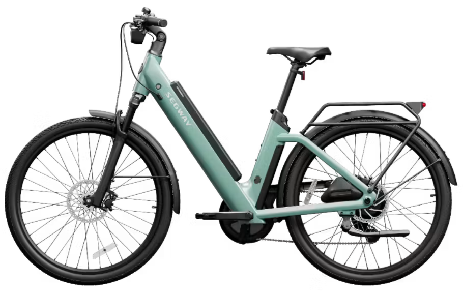 Light teal electric bicycle with black tires, seat, handlebars, and a rear rack.