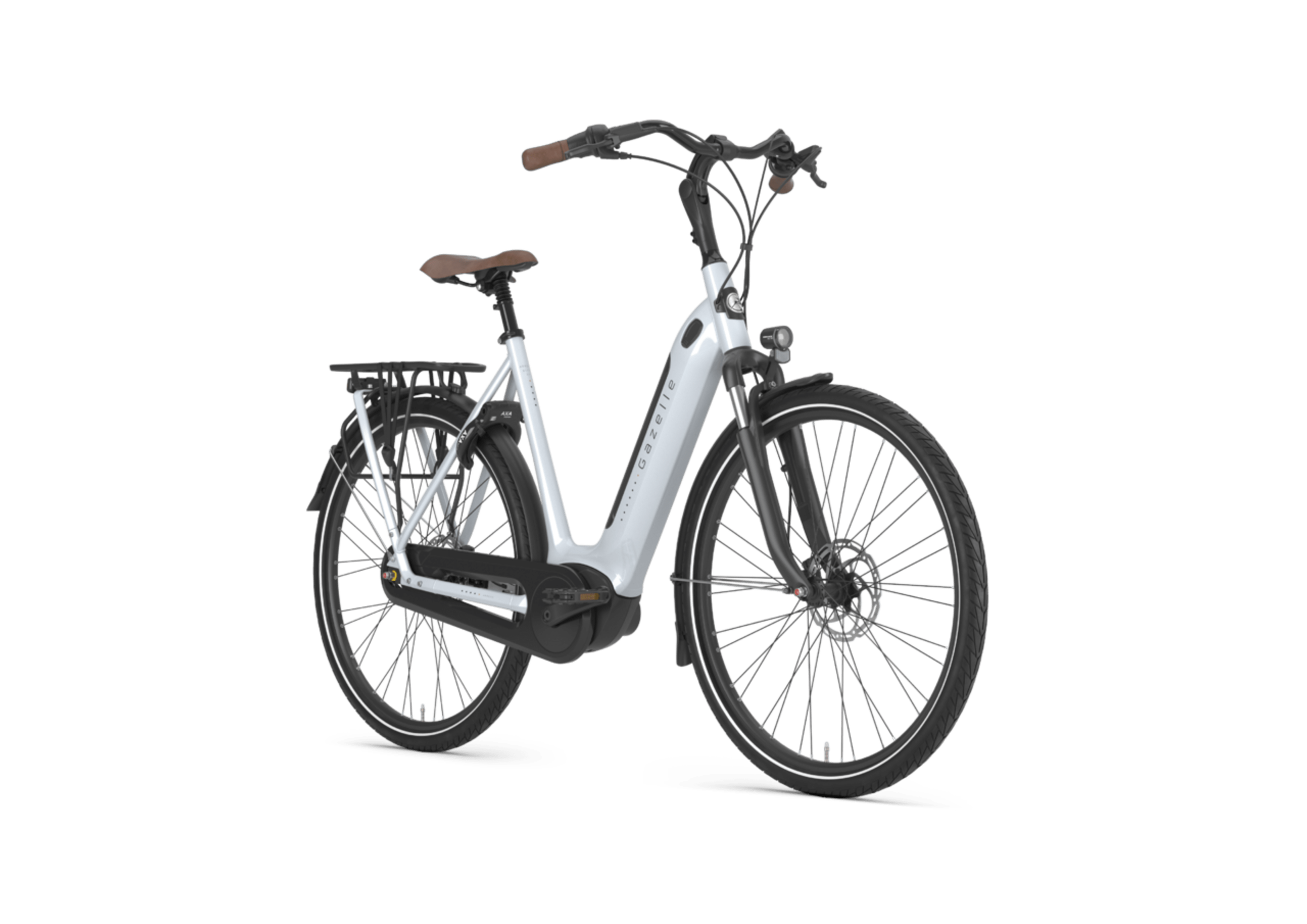 A white electric bike with a brown seat and black handlebars. It has a rear-mounted rack and thick tires suitable for city riding.