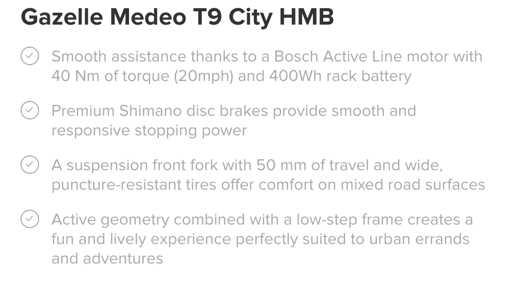 Text description of a product listing for Gazelle Medeo T9 City HMB, highlighting features such as Bosch Active Line motor, premium Shimano disc brakes, suspension front fork, and low-step frame design.