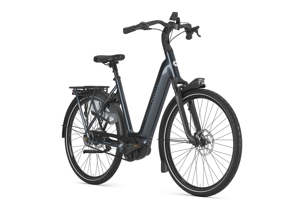 A sleek, black electric bicycle with a large battery pack, disc brakes, and a rear cargo rack, positioned against a plain background.