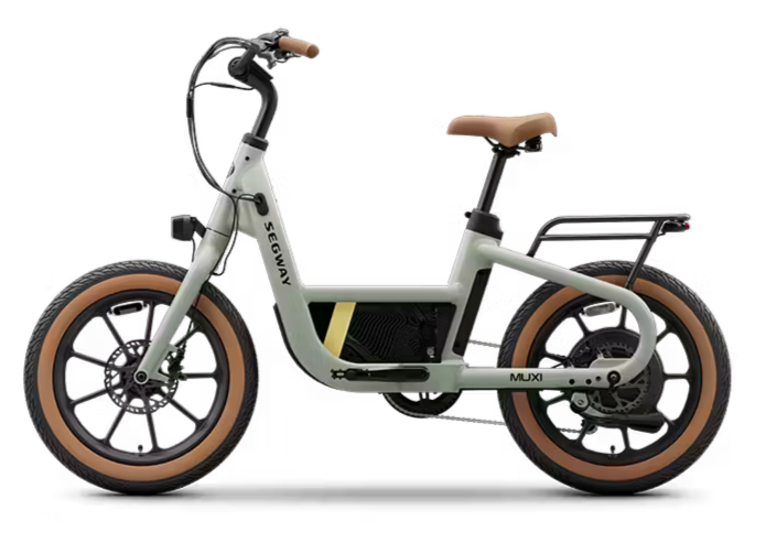 Electric bicycle with a cream-colored frame, brown tires, black handlebars, and a brown seat, branded SEGWOW MUXI.