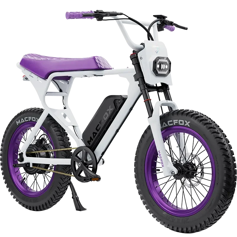 Electric fat tire bike with white frame, purple accents, and thick tires, featuring a purple seat and handle grips.