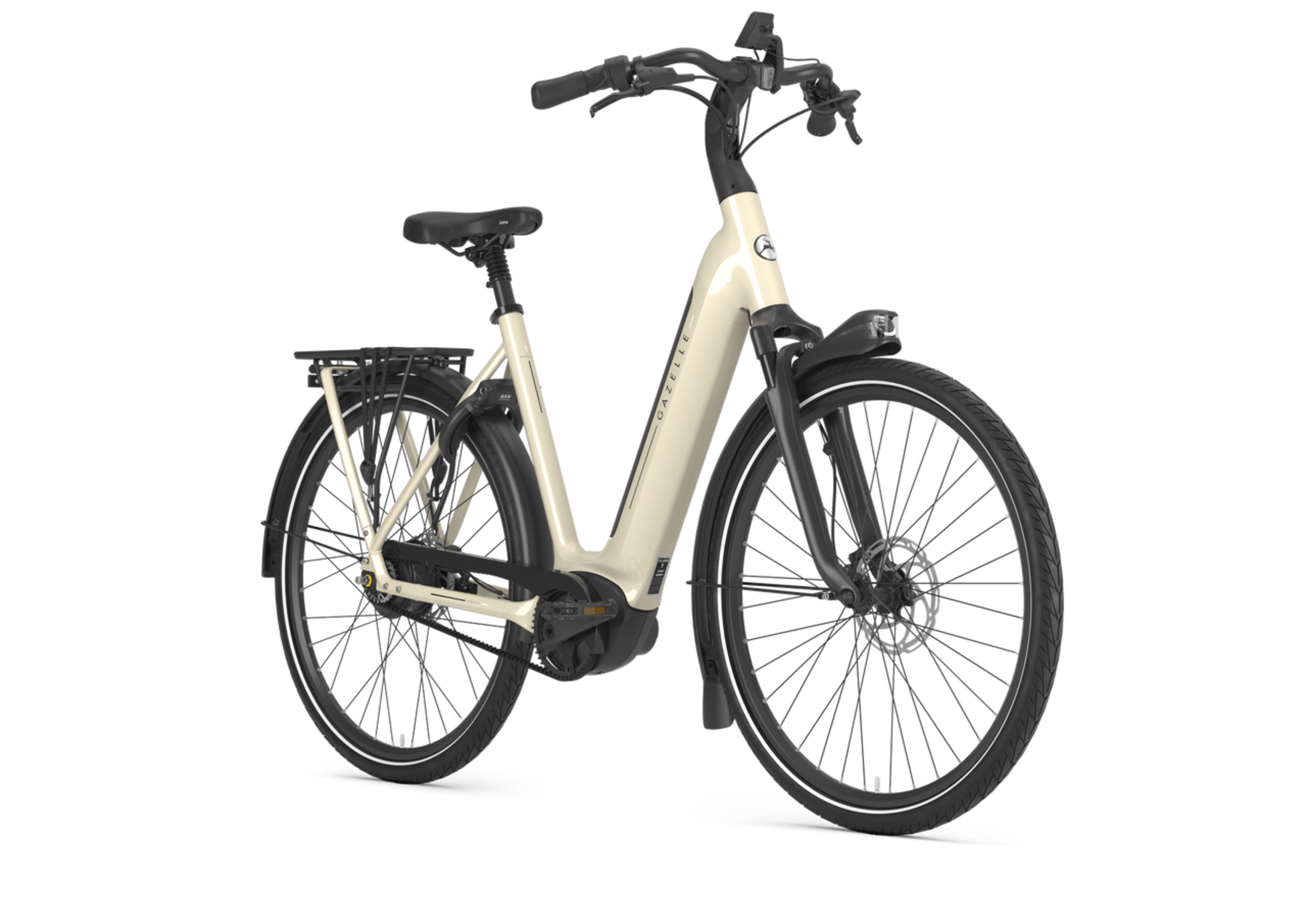 A white electric bicycle with black handlebars, saddle, and tires, featuring a rear rack and a motor near the crankset.