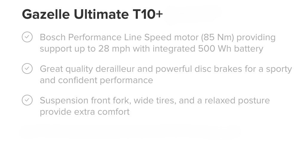 Product description for Gazelle Ultimate T10+ e-bike, highlighting Bosch Performance Line Speed motor, high-quality brakes, wide tires, and comfortable suspension.