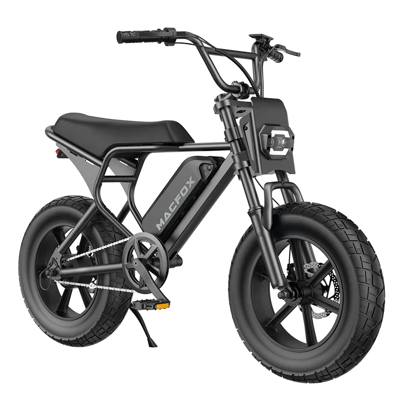 Black electric fat tire bike with thick tires, a digital display on the handlebar, and a chain drive system.