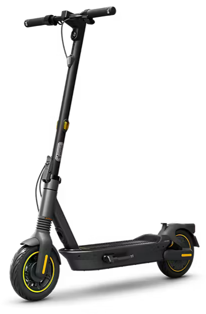 Electric scooter with black body and yellow accents