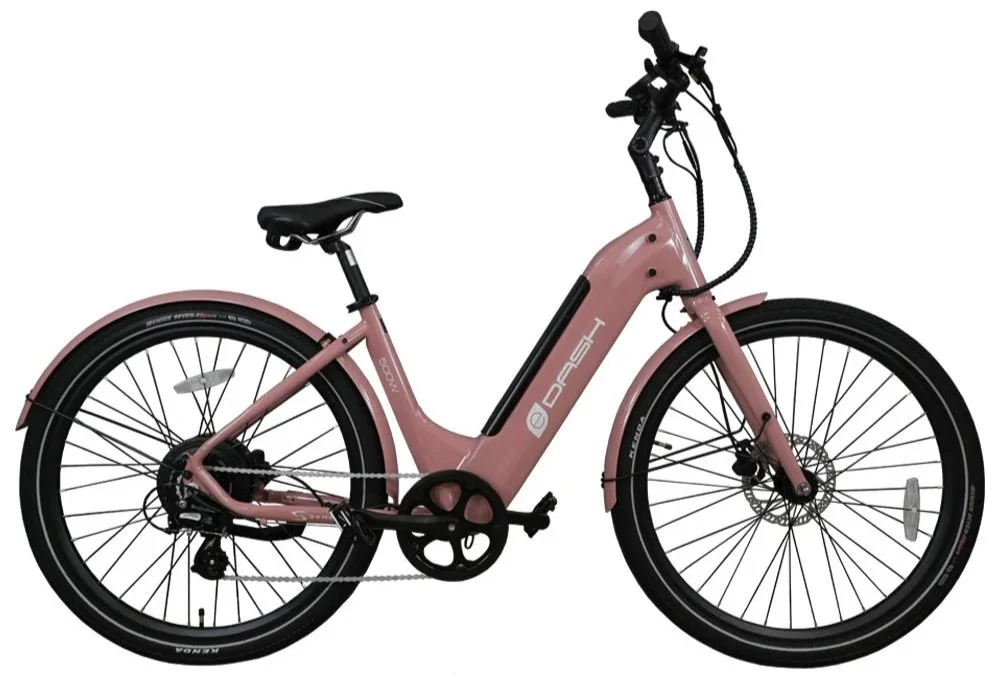 Pink electric bicycle with black tires, saddle, and handlebars, and a white logo on the frame.