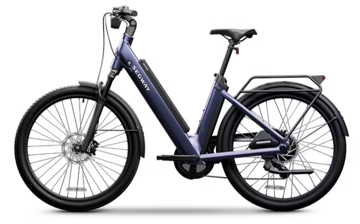 Blue Segway electric bicycle with thick tires, front suspension, and rear rack on a black background.