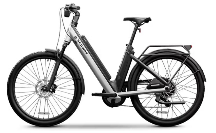 Black and silver electric bicycle with a step-through frame, front suspension, and rear rack, branded with 'Segway'.