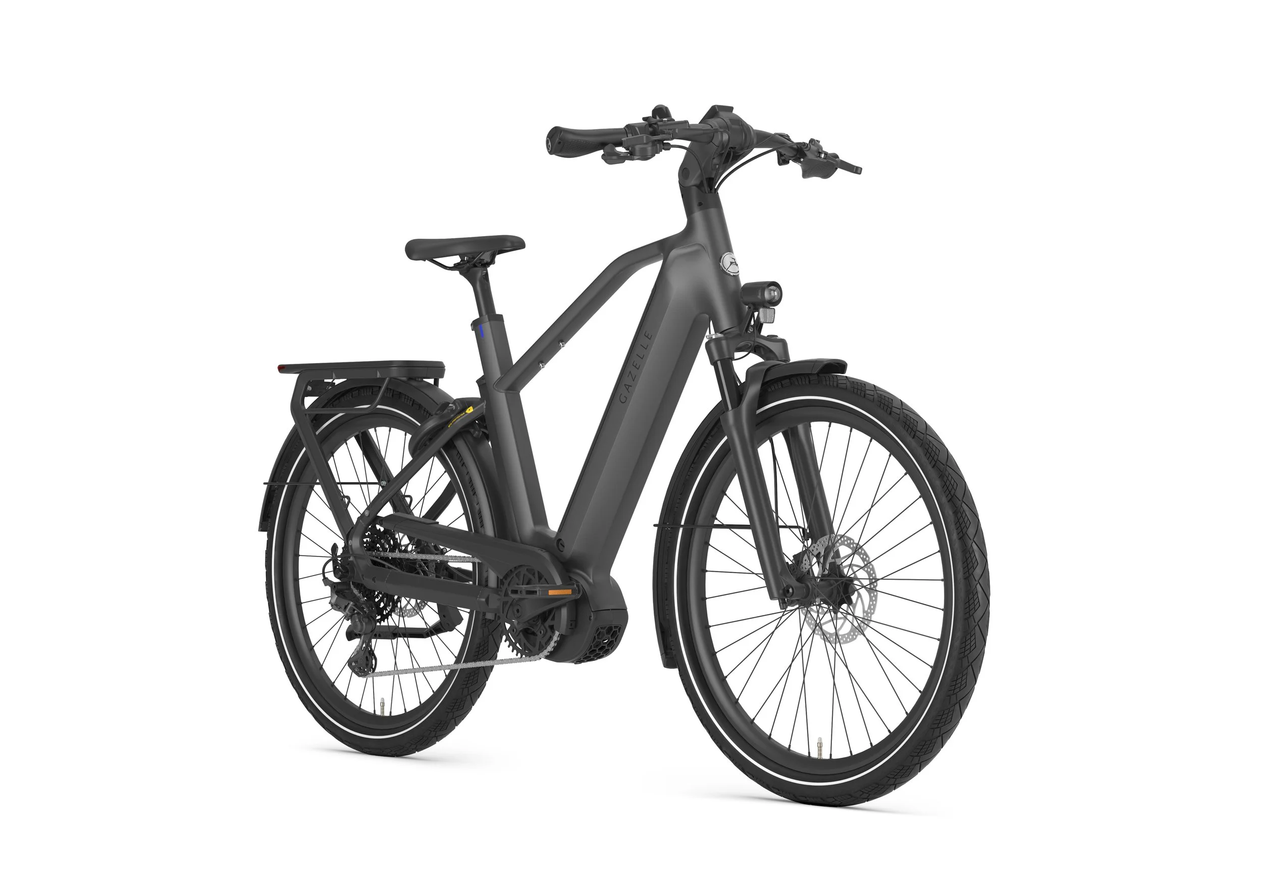A matte black electric bicycle with thick tires, a rear cargo rack, and a built-in motor and battery system.