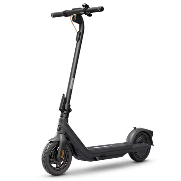 Black electric kick scooter with orange power cable and textured tires