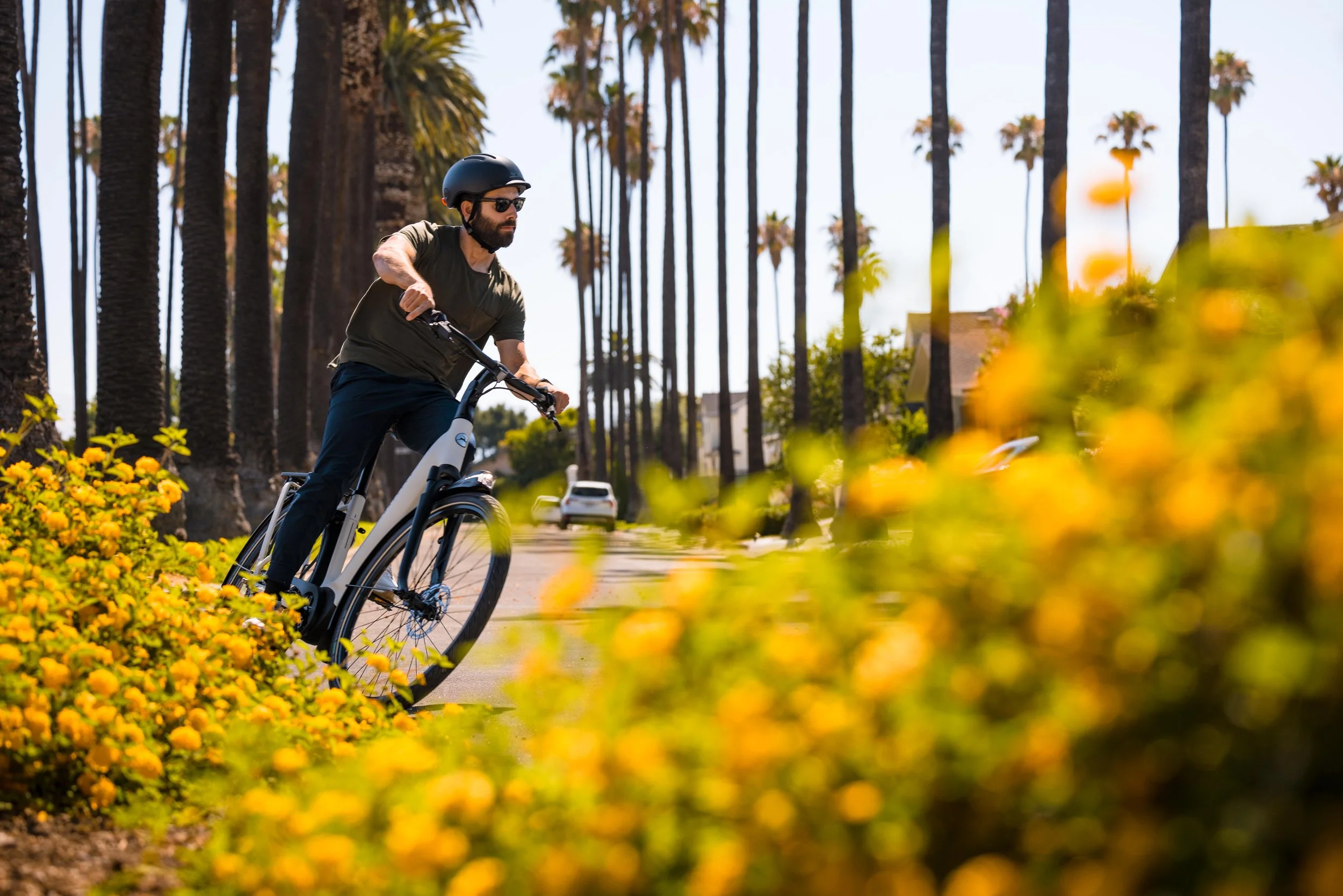 A man riding an electric bicycle along a street lined with tall palm trees during daytime, with yellow flowers in the foreground.