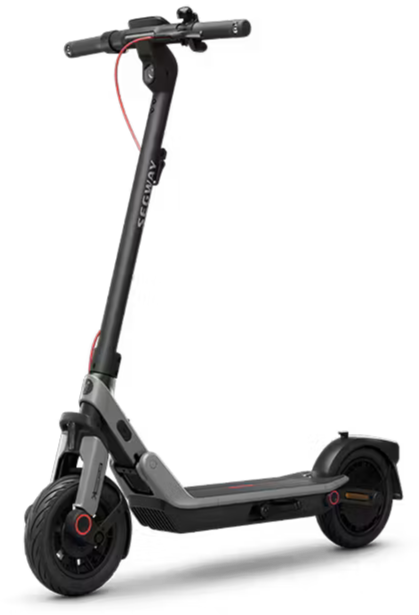Black electric scooter with red accents and a folding handlebar, displayed against a plain black background.