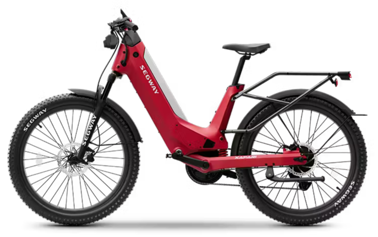Red electric bike with black tires and seat, branded SEGVWAY, featuring a mid-drive motor, on a black background.