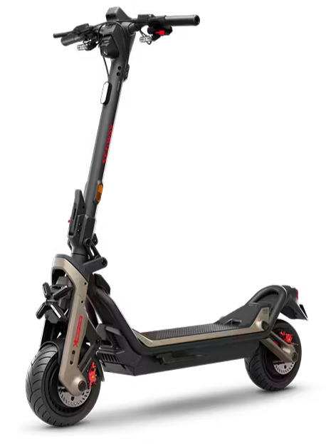Black electric scooter with red accents and a platform for standing.