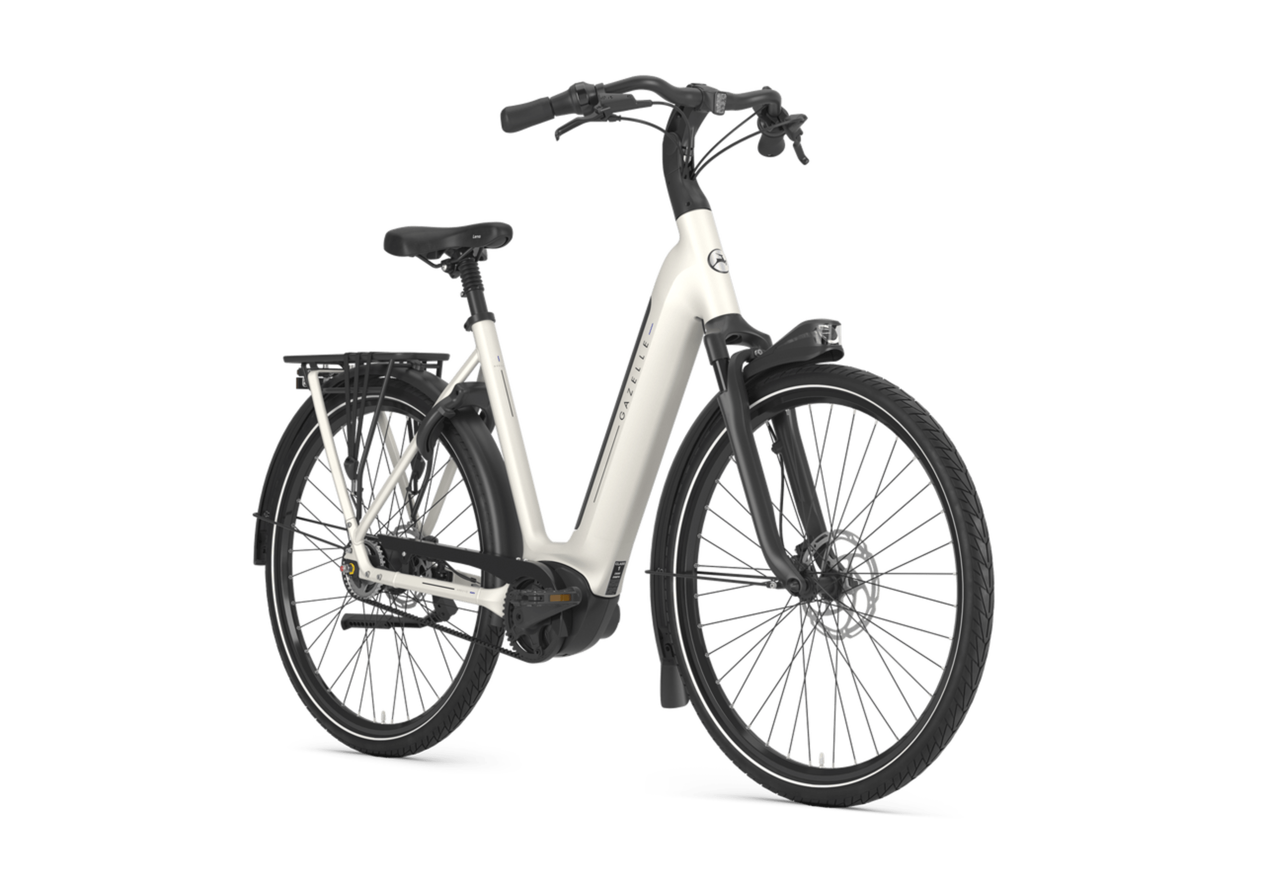A white electric bicycle with black handlebars, seat, and tires, featuring a rear cargo rack and a sleek frame design.