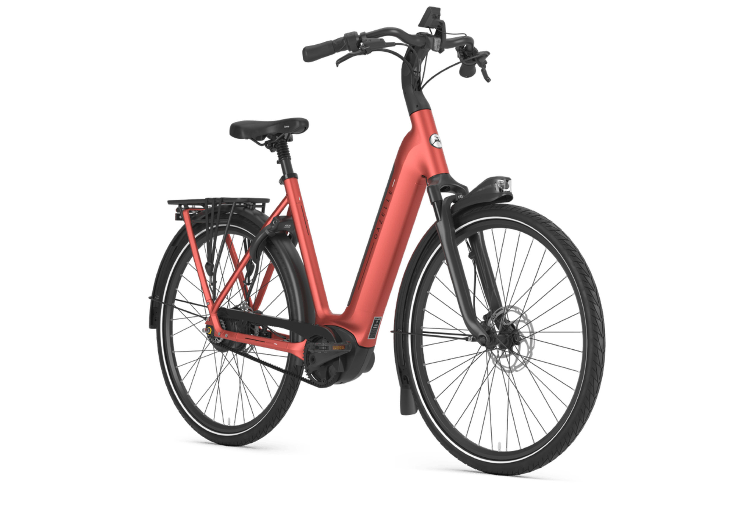 An orange and black electric bicycle with a step-through frame, front suspension, and a rear rack, standing on a reflective surface.