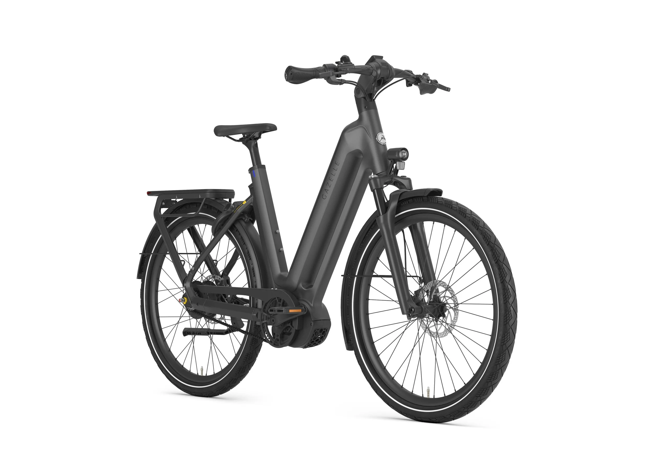 A sleek black electric bicycle with thick tires, a sturdy frame, and a small integrated battery pack on the down tube.