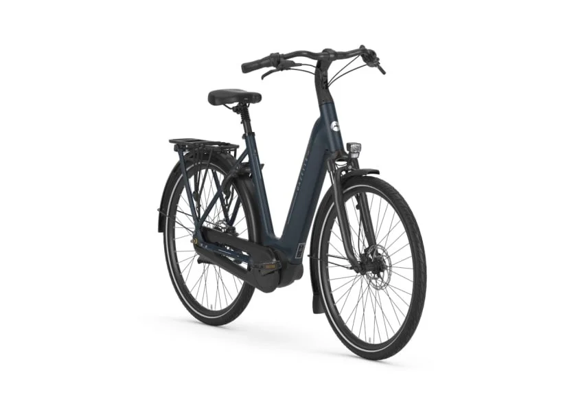 Electric bicycle with a dark blue frame, black saddle, rear rack, and front light, set against a white background.