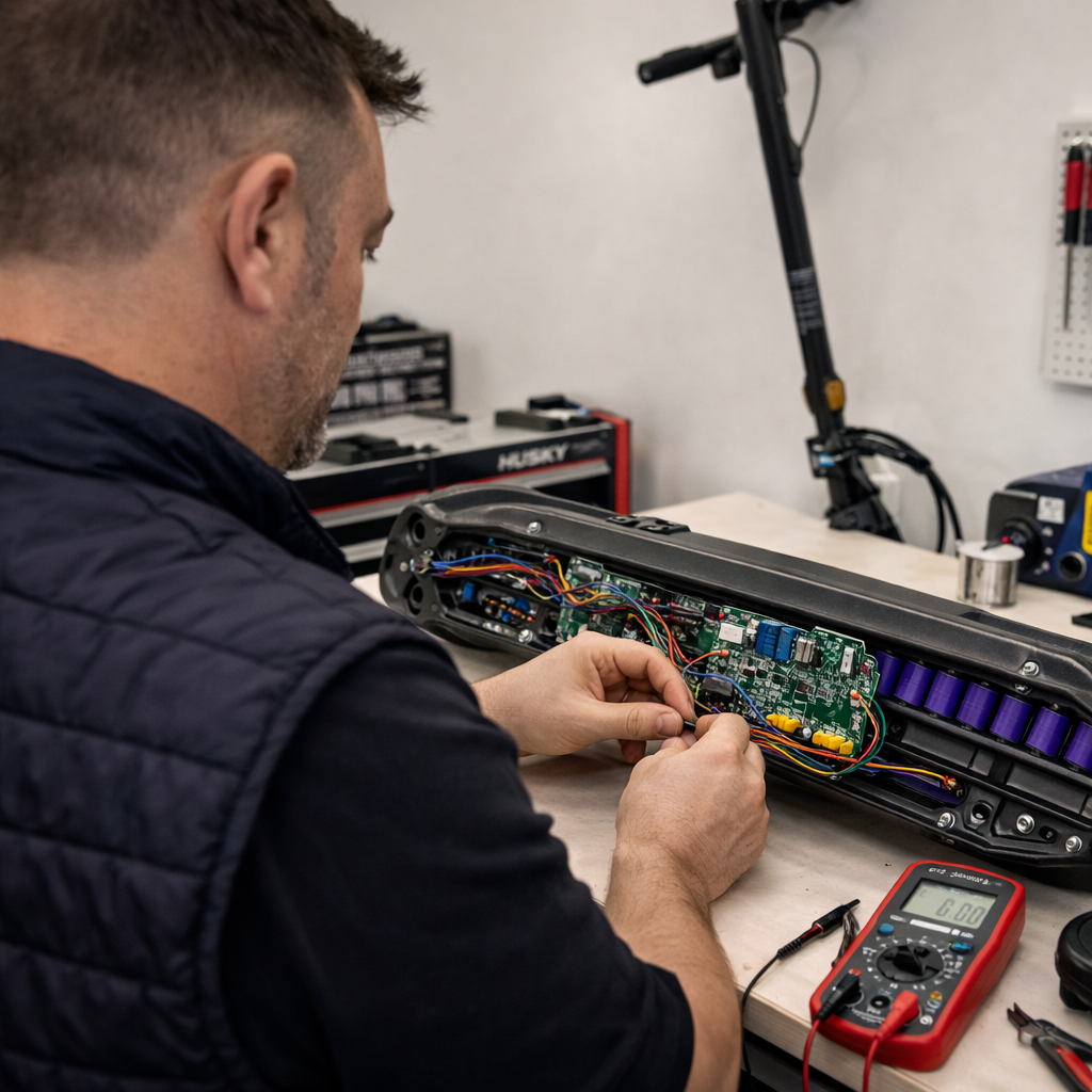 A man working on the internal wiring of an electronic device, likely a battery pack or electronic gadget, in a workshop with tools and equipment visible in the background.