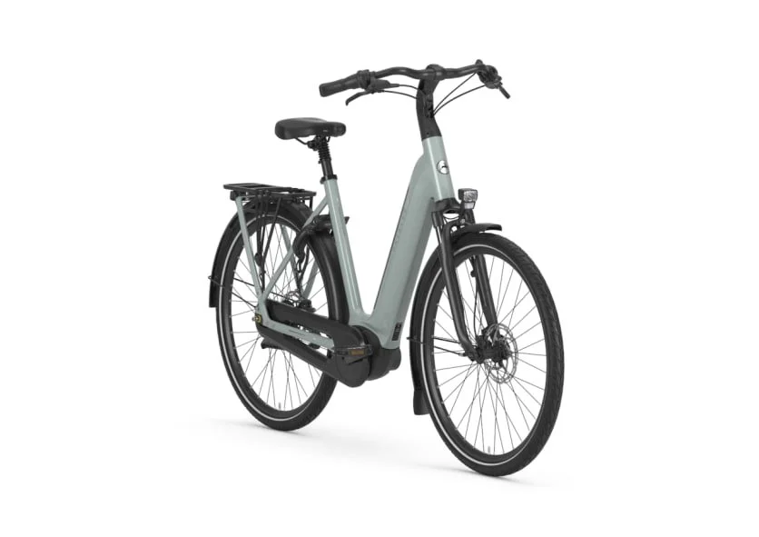 Light green electric bike with black handlebars, saddle, and rear rack, standing against a white background.