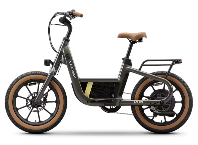 Electric bicycle with brown tires, black frame, tan saddle, and a rear carrier, branded 'SEGW'.