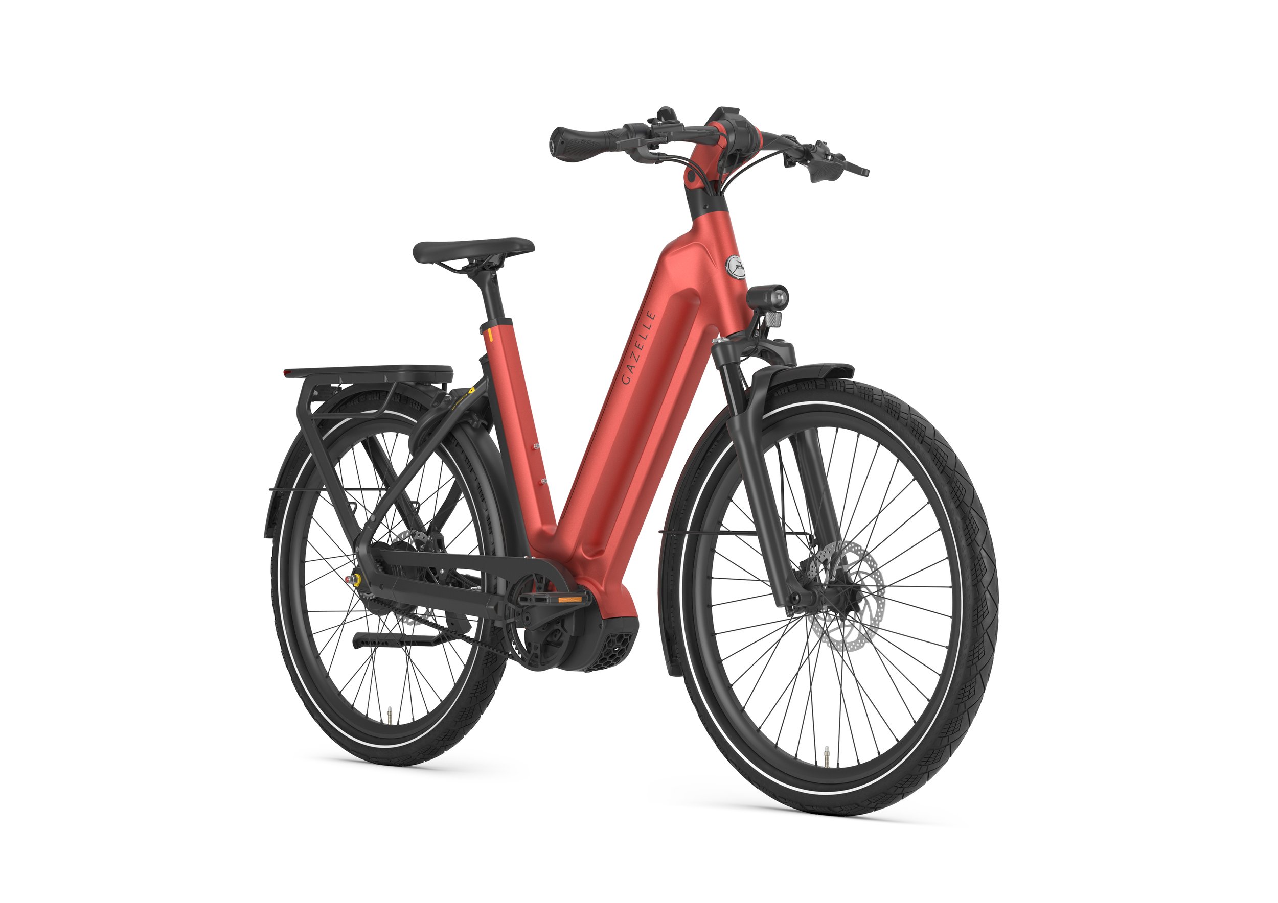 A red electric bicycle with a matte finish, featuring the brand name 'GAZELLE' on the frame, black tires, and disc brakes, set against a plain white background.