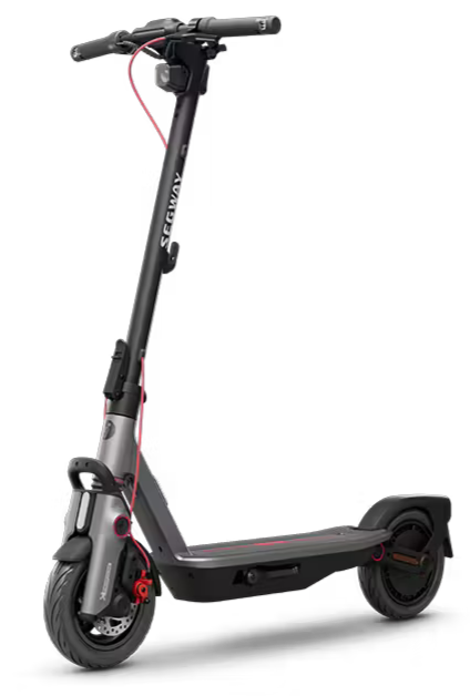 Electric scooter with a black deck, handlebar, and wheels, featuring red wiring and a small display on the handlebar, set against a black background.