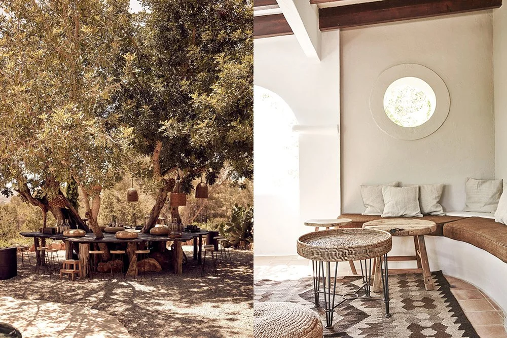 Split screen image showing an outdoor dining area under large trees on the left, with a long wooden table and seating surrounded by trees and shaded, and an indoor sitting area on the right, featuring a corner bench with cushions, round woven tables,