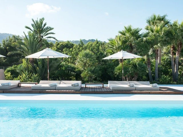 Swimming pool with white lounge chairs and umbrellas, surrounded by lush green palm trees and tropical foliage under a clear blue sky.