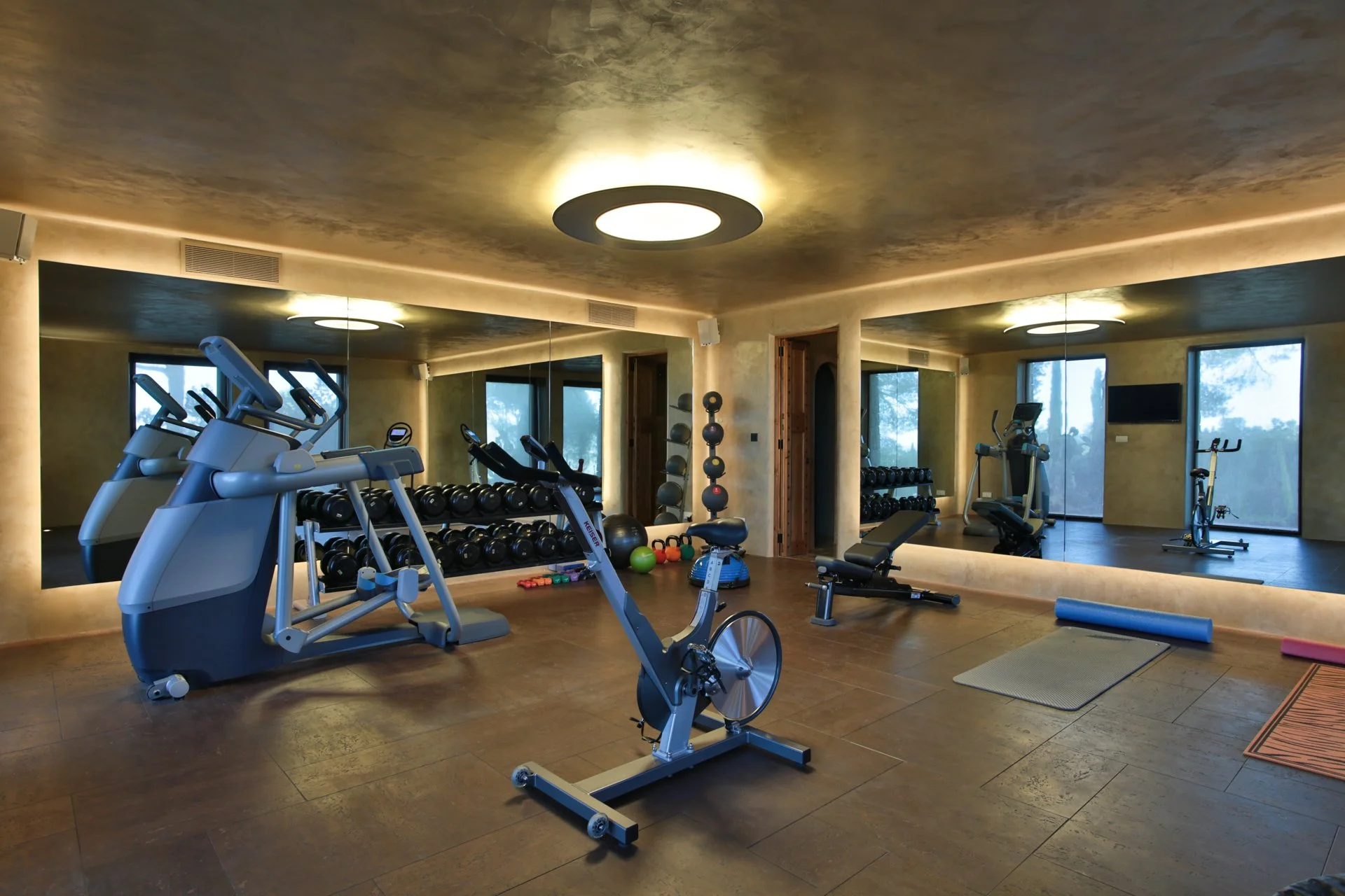 Fitness center with cardio equipment such as treadmills, stationary bikes, and ellipticals. Also contains free weights, exercise mats, and balls, with large mirrors and windows.
