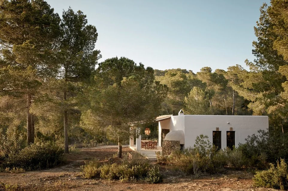 A white stucco house with curved roof and black windows in a forested area surrounded by trees and bushes.