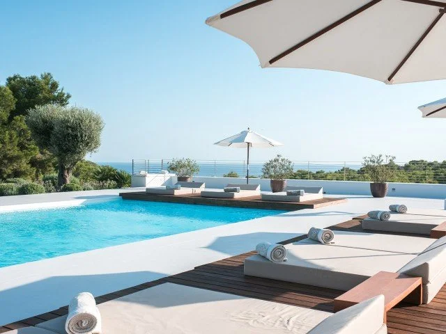 Luxury outdoor pool area with sun loungers, umbrellas, and scenic view of trees and the ocean in the distance.