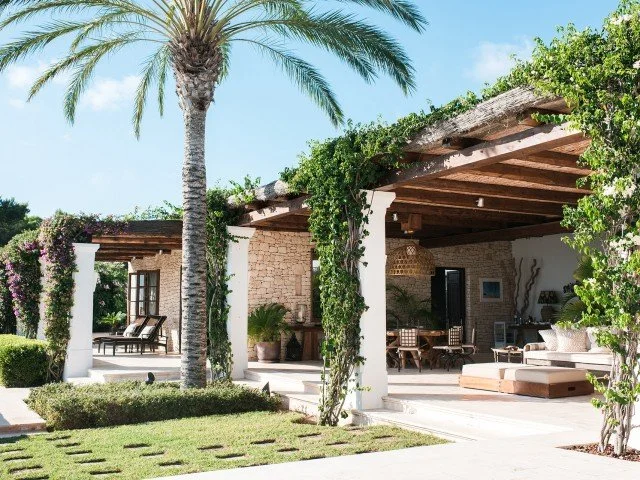 Outdoor patio area with a tall palm tree, green vines, and a mix of modern and rustic furniture under a wooden pergola. Bright, sunny day with a clear blue sky.