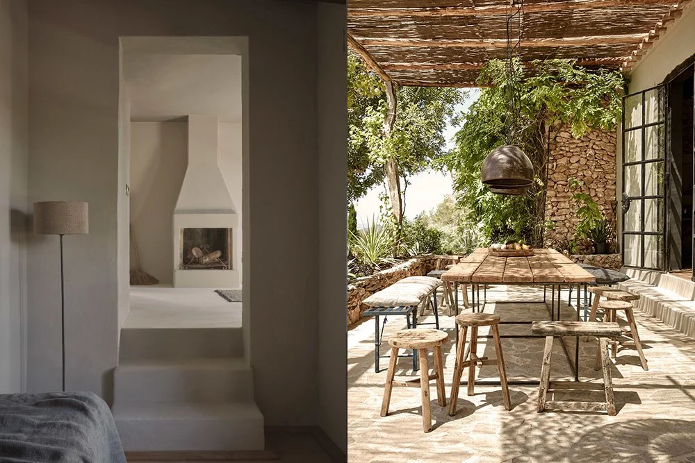 A side-by-side view of two different interior and exterior spaces. The left side shows a cozy indoor room with a white fireplace, a floor lamp, and a built-in nook with steps leading up to it. The right side displays an outdoor patio with a large din