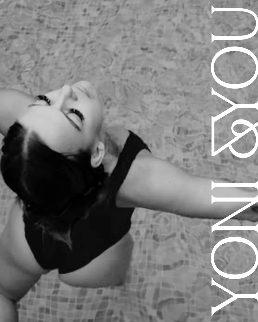 Black and white image of a woman in the swimming pool with logo and branding layered over the top for YONI & YOU.