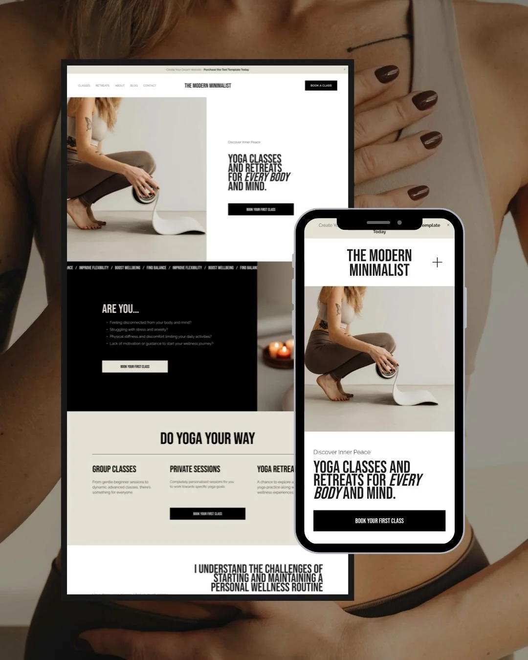 Screenshots of a website on yoga classes and retreats, displayed on a tablet and smartphone, featuring minimalist design and a woman preparing yoga equipment.