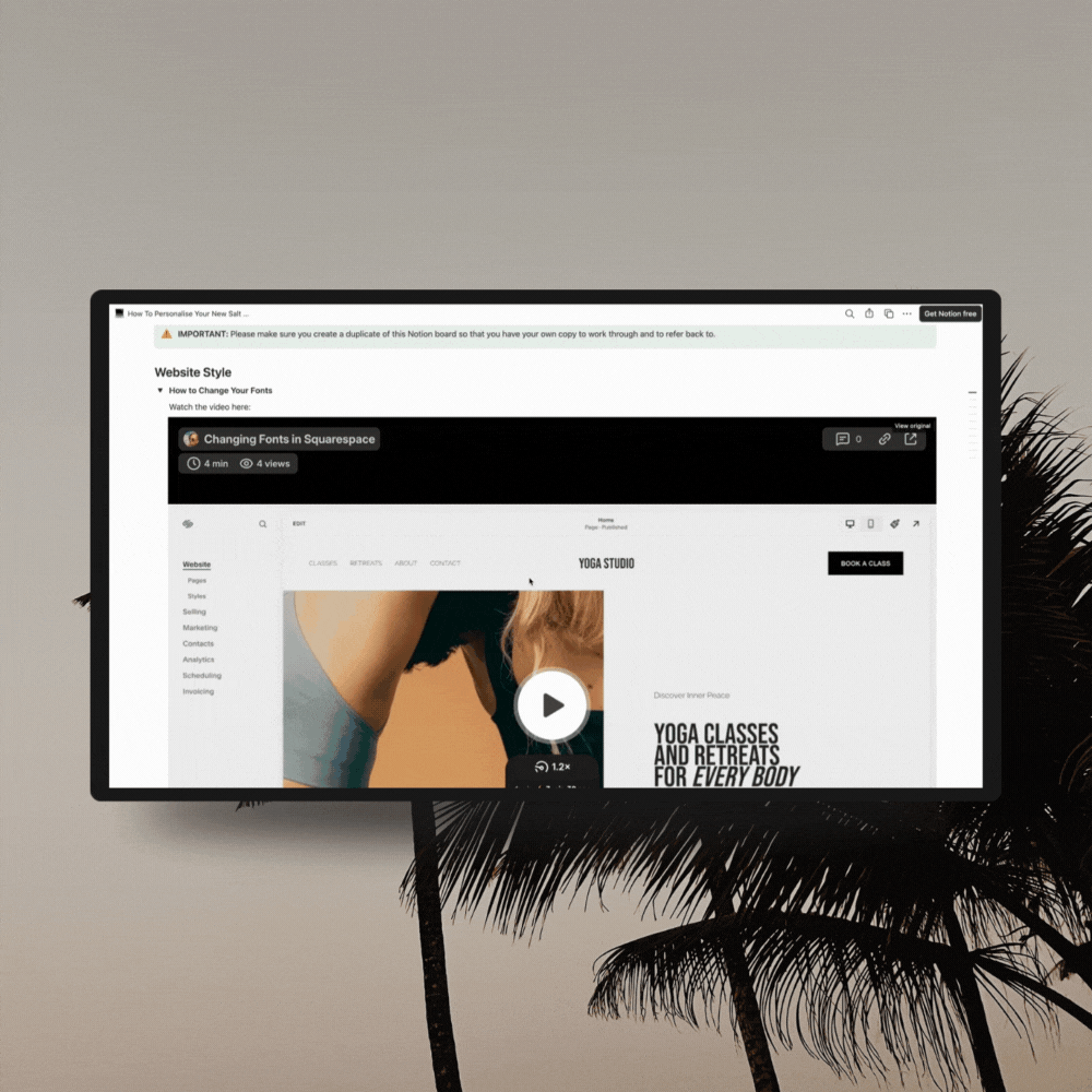 Computer monitor displaying a website about yoga classes and font changing tutorial, set against a background with palm trees and a gray sky.