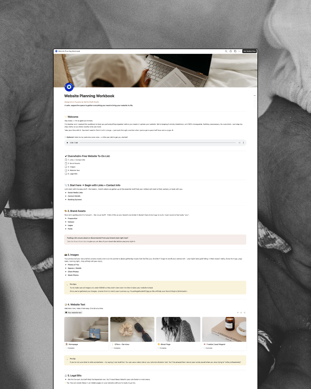 Screenshot of a website planning workbook on a laptop, displayed on a bed with someone reaching for the keyboard.
