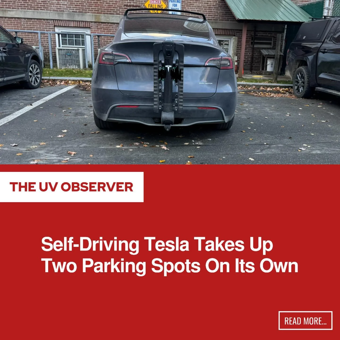 Self-Driving Tesla Takes Up Two Parking Spots On Its Own