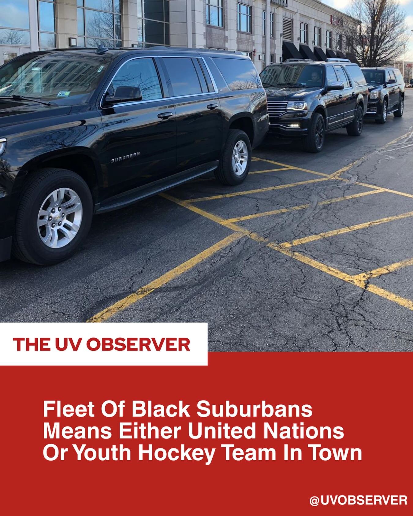 Fleet Of Black Suburbans Means Either United Nations Or Youth Hockey Team In Town