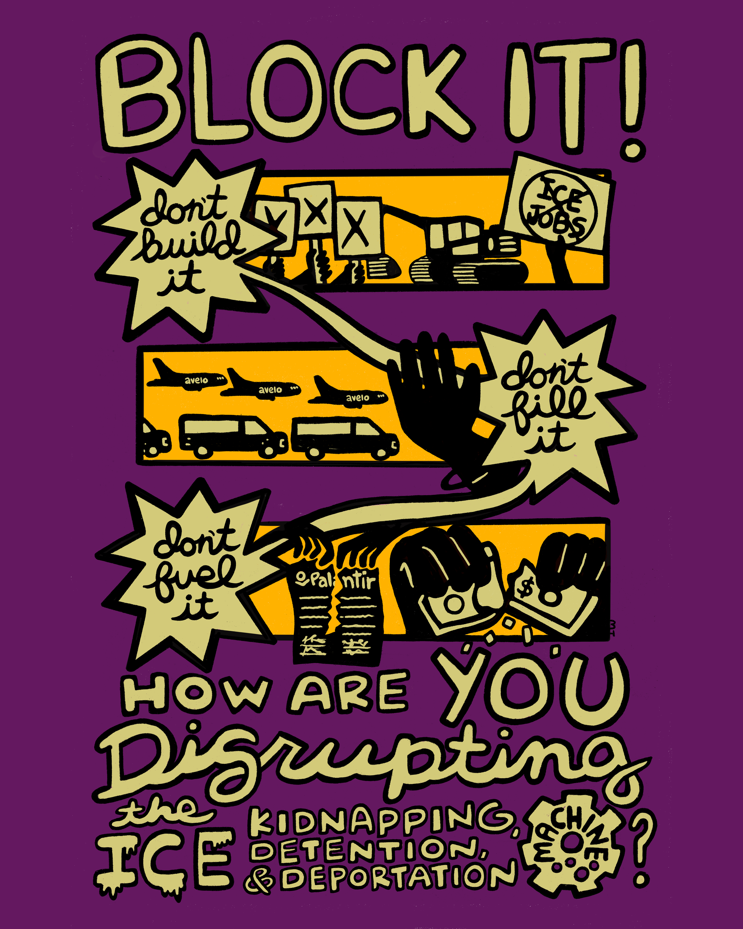Illustrated poster featuring drawings and text in yellow on a purple background. Text reads: "Block It! don't build it. don't fill it. don't fuel it. How are YOU disrupting the ICE kidnapping, detention & deportation machine?"