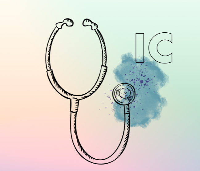 Graphic featuring a drawing of a stethoscope on a pale orange, pink, teal, and green gradient background, with a splash of blue color and the logo "IC" outlined in black.