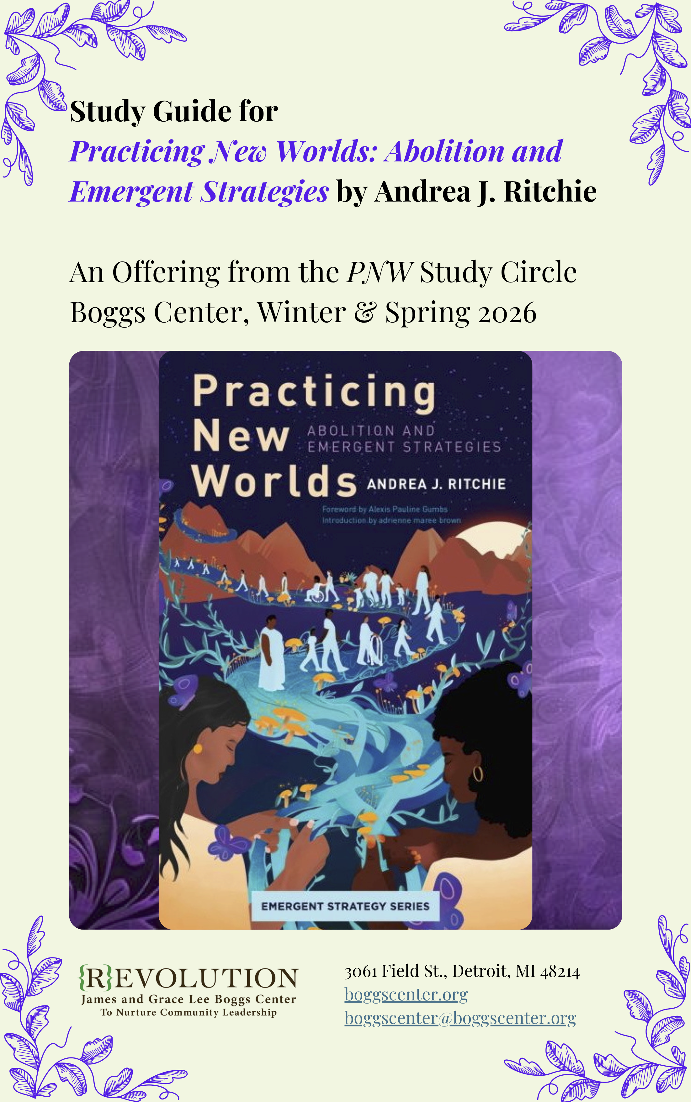 Cover page of "Study Guide for Practicing New Worlds: Abolition and Emergent Strategies by Andrea J. Ritchie. An Offering from the PNW Study Circle, Boggs Center, Winter & Spring 2026", with the book cover image, purple decorative leaves, and text