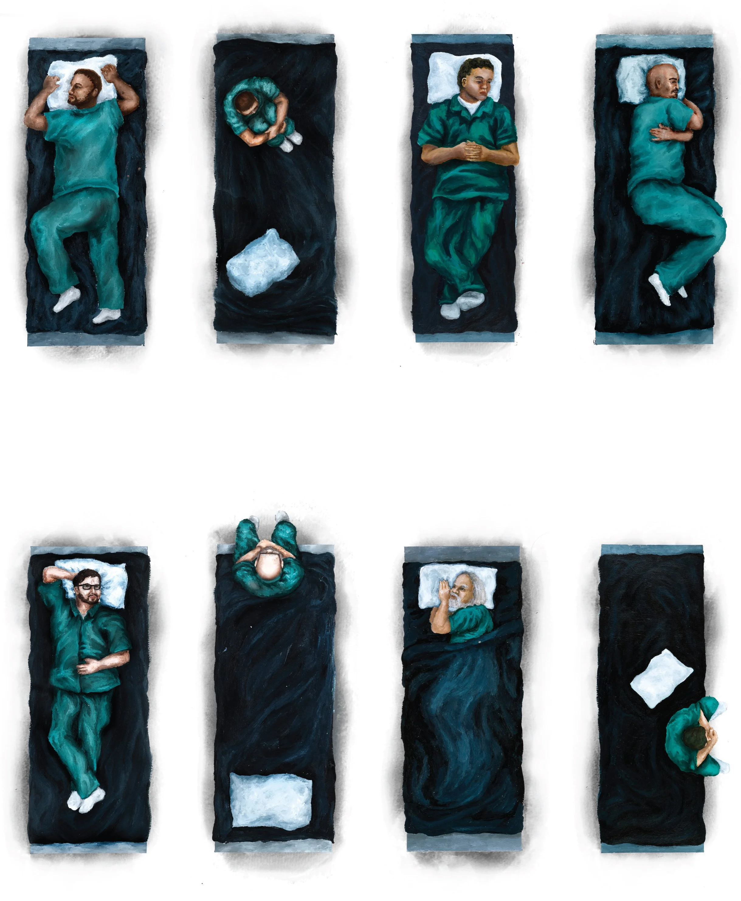 Illustration of men incarcerated inside, lying or sitting on two rows of narrow cots.