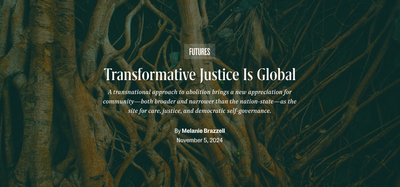 Darkened photo of intertwined tree roots, with white text on top: "Transformative Justice Is Global. By Melanie Brazzell. November 5, 2024."