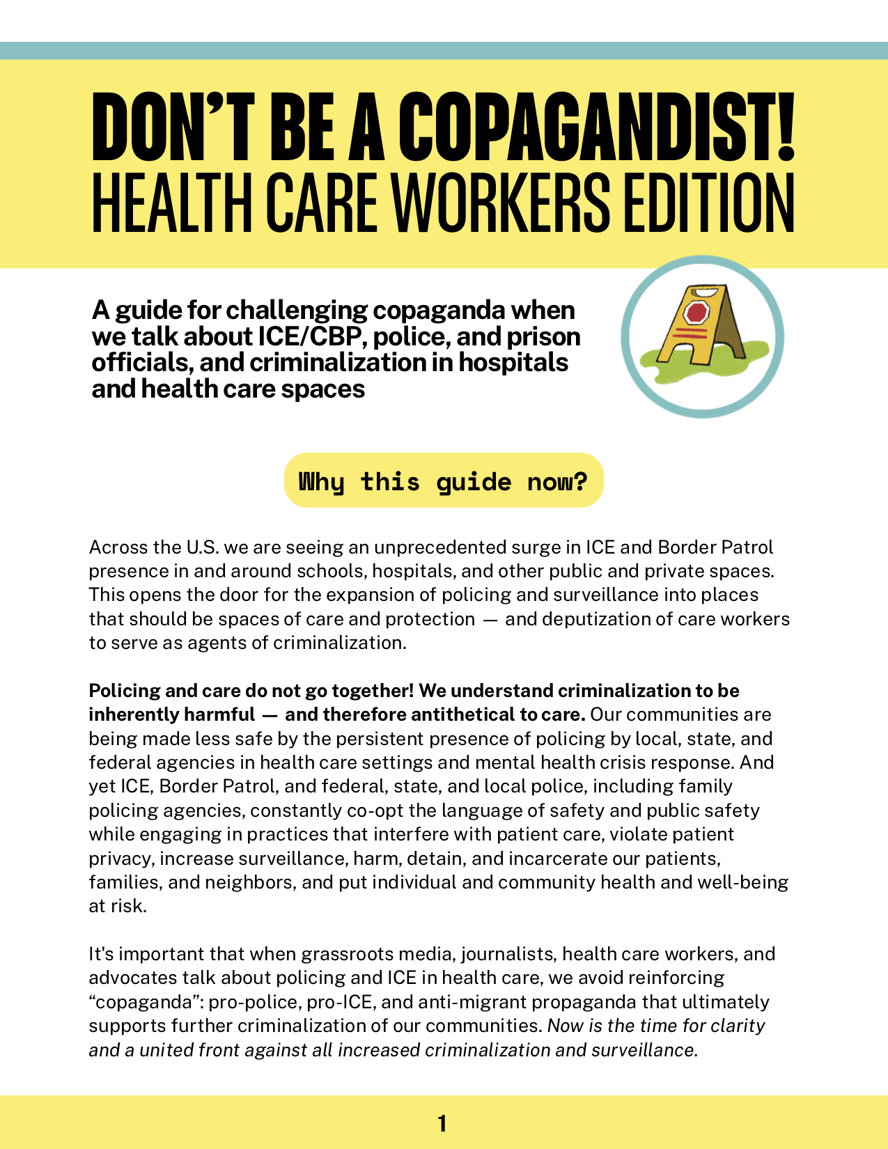 First page of a resource titled "Don't Be A Copagandist: Health Care Workers Edition" featuring small text on white background with yellow trim
